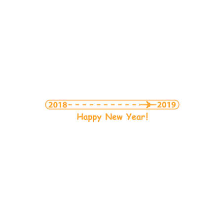 Creative happy new year 2019 design with Progress loading bar with airplane is in a dotted line. The flying apartment is black. The waypoint is for a tourist trip. Track on a white background. Vector illustration. Tourism. Travel.のイラスト素材