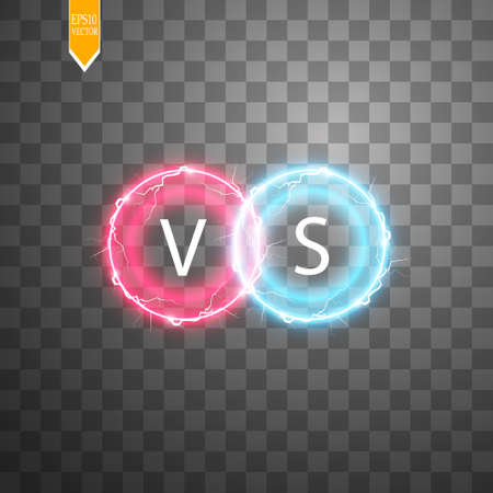 Hot and cold sparkling strength. Energy lightning with an electrical discharge isolated on a transparent background. Collision of two forces with red and blue light. Vector illustration. V Sのイラスト素材