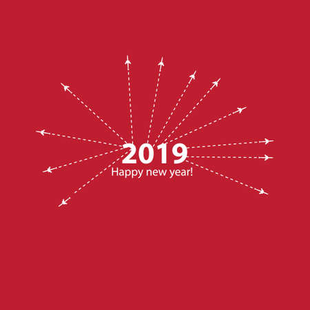 Creative happy new year 2019 design with Progress loading bar with airplane is in a dotted line. The flying apartment is black. The waypoint is for a tourist trip. Track on a pink background. Vector illustration. Tourism. Travel.のイラスト素材