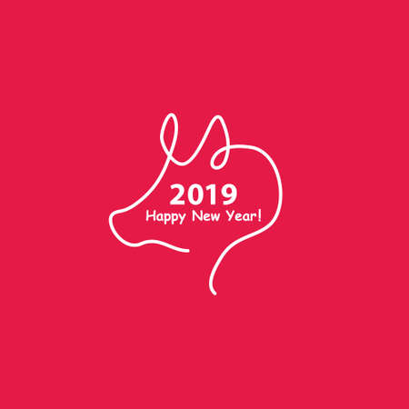 Creative happy new year 2019 design with one line design silhouette of pig. Minimalistic style  illustration. Flat styleのイラスト素材