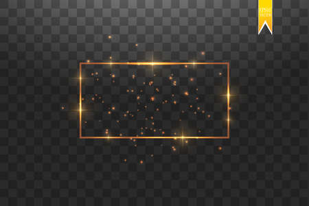 Golden frame with lights effects,Shining luxury banner vector illustration. Glow line golden frame with sparks and spotlight light effects. Shining rectangle banner isolated on black transparent background.のイラスト素材