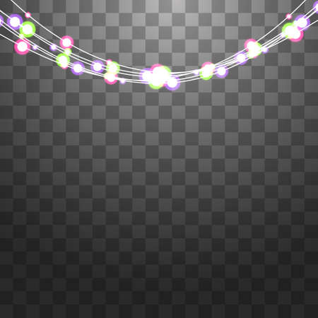 Festive garlands set of decorations with multicolor shiny lights, sparkling glittering. Christmas lightbulbs vector illustration on transparent background.のイラスト素材