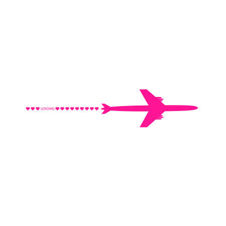 Progress loading bar with airplane and hearts. The flying apartment is black. The waypoint is for a tourist trip. Track on a white background. Vector illustration. Tourism. Travel.のイラスト素材