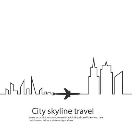 Airplane between the two cities and its track and skyline on white background. Vector illustration. Aircraft flight path and its route. tourism. Travel.のイラスト素材