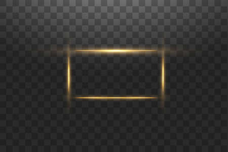 Golden frame with lights effects,Shining luxury banner vector illustration. Glow line golden frame with sparks and spotlight light effects. Shining rectangle banner isolated on black transparent background.のイラスト素材