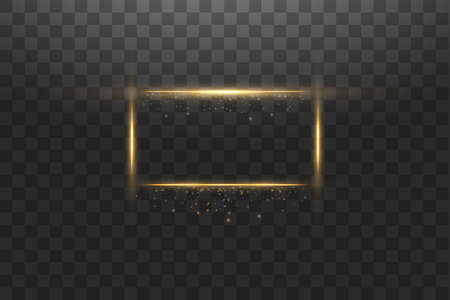 Golden frame with lights effects,Shining luxury banner vector illustration. Glow line golden frame with sparks and spotlight light effects. Shining rectangle banner isolated on black transparent backgroundのイラスト素材