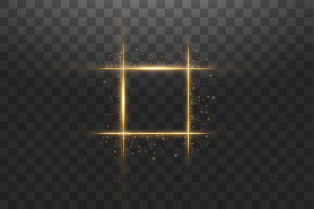 Golden frame with lights effects,Shining luxury banner vector illustration. Glow line golden frame with sparks and spotlight light effects. Shining square banner isolated on black transparent background.のイラスト素材