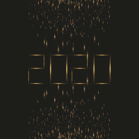 NYE New Year Eve 2020. Happy New Year 2020 winter holiday greeting card with clock isolated on black transparent background. Design template. Party poster, banner or invitation gold glittering stars confetti glitter decoration. Vector illustration.のイラスト素材
