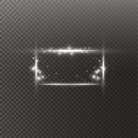 White frame with lights effects. Shining luxury banner vector illustration. Glow line white frame with sparks and spotlight light effects. Shining rectangle banner isolated on black transparent background.のイラスト素材
