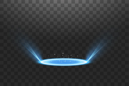 Futuristic teleport. Magic fantasy portal. Light effect. Blue candles rays of a night scene with sparks on a transparent background. Empty light effect of the podium. Disco club dancefloor.のイラスト素材