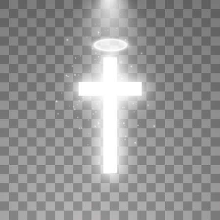 Shining white cross and white halo angel ring on transparent background. Glowing saint cross. Vector illustrationのイラスト素材