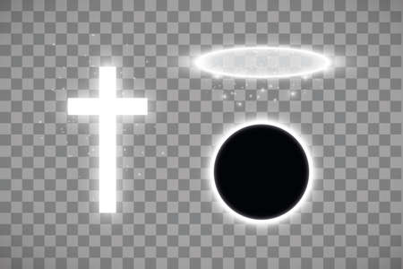 Set of shining white cross and halo ring of white angel and total eclipse of the sun on a transparent background. Glowing holy cross. Vector illustrationのイラスト素材