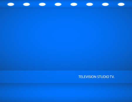 Studio background. Vector empty blue studio for your design, spotlight. Vector graphics. Empty bright color studio table, banner for advertising. Vector illustration .tv studio.のイラスト素材
