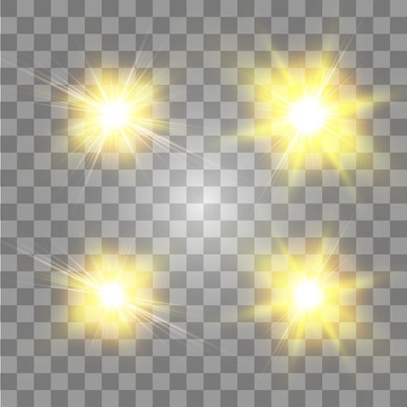 Set of Vector glowing light effect stars bursts with sparkles on transparent background. Transparent stars.のイラスト素材