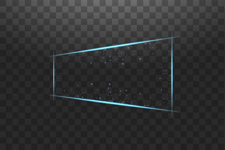 Blue frame with lights effects. Shining luxury banner vector illustration. Glow line blue frame with sparks and spotlight light effects. Shining rectangle banner isolated on black transparent background.のイラスト素材