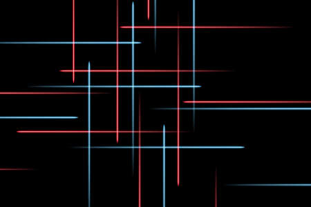 Moving abstract neon lines in space. Abstract blue and red neon lines in space on dark isolated background. Vector light effect.のイラスト素材