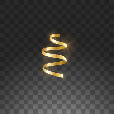 Glowing hanging curl serpentine. Golden yellow metallic color New Year decoration design element gold streamer isolated on transparent background vector.のイラスト素材