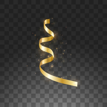 Glowing hanging curl serpentine. Golden yellow metallic color New Year Christmas decoration design element gold streamer isolated on transparent background. Vector illustrationのイラスト素材