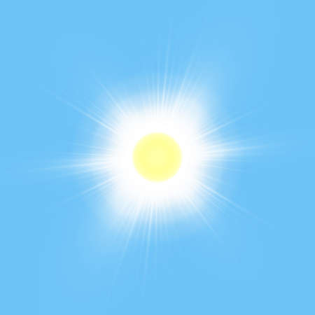 Bright shining sun Isolated on blue background. Glow light effect. Vector illustrationのイラスト素材