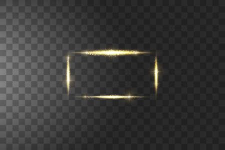 Golden frame with lights effects. Shining luxury banner vector illustration. Glow line golden frame with sparks and spotlight light effects. Shining rectangle banner isolated on black transparent background.のイラスト素材
