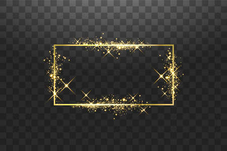 Golden frame with lights effects. Shining rectangle banner. Isolated on black background. Vector illustrationのイラスト素材