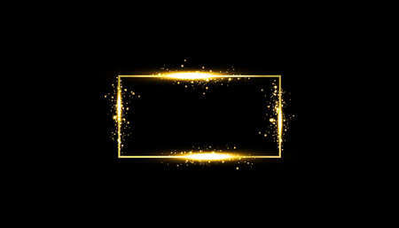 Golden frame with lights effects. Shining rectangle banner. Isolated on black background. Vector illustrationのイラスト素材