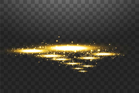 Vector light sources, backlights. Isolated on black transparent background. Vector illustration. golden candles rays of a night scene with sparks on a transparent background. Empty light effect of the podium. Disco club dancefloor.のイラスト素材