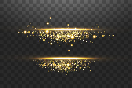 Glow isolated gold transparent effect, lens flare, explosion, glitter, line, sun flash, spark and stars.のイラスト素材
