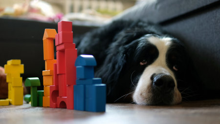 Bernese mountain dog lies near the sofa against the background of a wooden castle made of cubesの写真素材