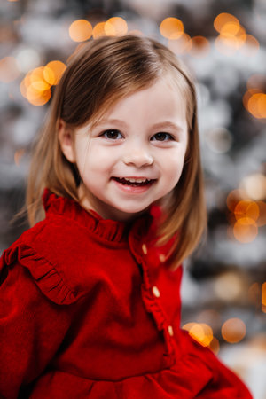cute little caucasian girl in a red dress sits under the christmas treeの写真素材