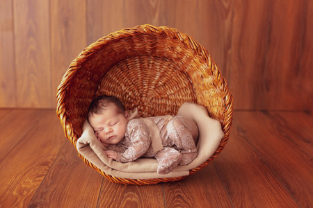 Cute Sleeping Newborn Baby In A Wooden Basket On Wood Background. Close upの写真素材