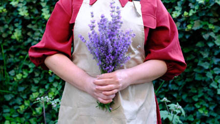 woman in red dress, hat holding bouquet of beautiful purple lavender flowers isolated on green nature background. International Womens Day holiday conceptの写真素材
