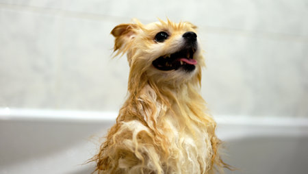 Pomeranian spitz is showering with shampoo in dog bathの写真素材