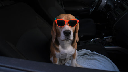 adorable beagle dog looking out the car windowの写真素材