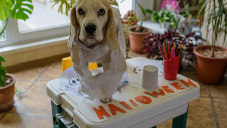 A beagle dog in a mummy costume stands on the table. Halloween conceptの写真素材