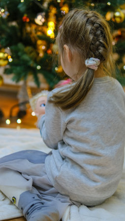 Little beautiful girl near the Christmas tree. Girl with a doll are playing Christmas. Beautiful girl with long hairの写真素材