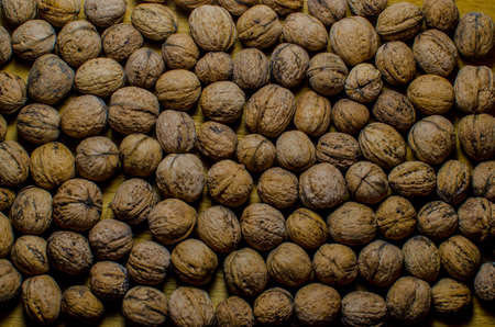 Creative layout made of hazelnut nuts, almonds, walnut, peanut, cashew on white background.Flat lay. Food concept.の写真素材