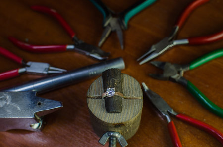 Desktop for craft jewellery making with professional tools. Copy space