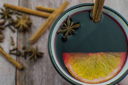 Hot mulled wine with cinnamon Copy spaceの写真素材