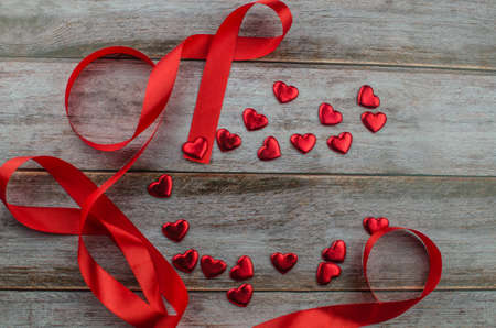 Ribbons shaped as hearts on white, valentines day concept. copy spaceの写真素材