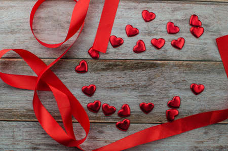 Ribbons shaped as hearts on white, valentines day concept. copy spaceの写真素材