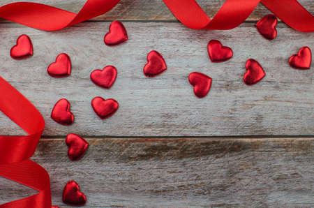 Ribbons shaped as hearts on white, valentines day concept. copy spaceの写真素材