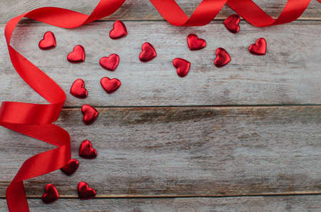 Ribbons shaped as hearts on white, valentines day concept. copy spaceの写真素材