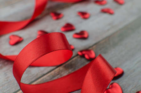 Ribbons shaped as hearts on white, valentines day concept. copy spaceの写真素材