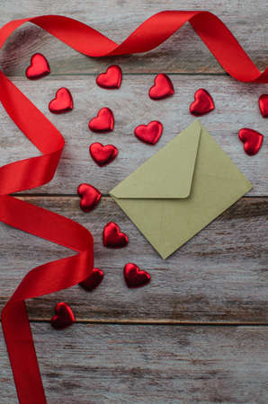 Ribbons shaped as hearts on white, valentines day concept. copy spaceの写真素材