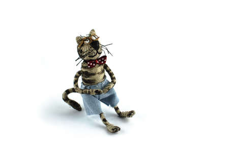 kid play with hand made cat. copy space to textの写真素材