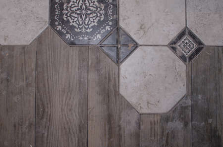 parquet and ceramic tile. background. repair works in cafeの写真素材