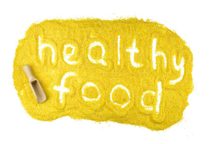 Plate from healthy food with word isolated on white background. Hand Writing. Top view flat layの写真素材