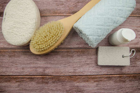 Soft towel and bath accessories on table. Copy spaceの写真素材