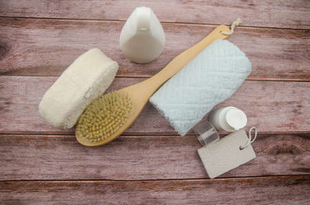 Soft towel and bath accessories on table. Copy spaceの写真素材